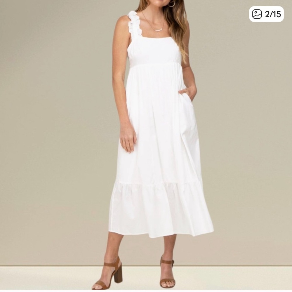 Pinkblush - White Ruffle Accent Back Tie Maternity Midi Dress